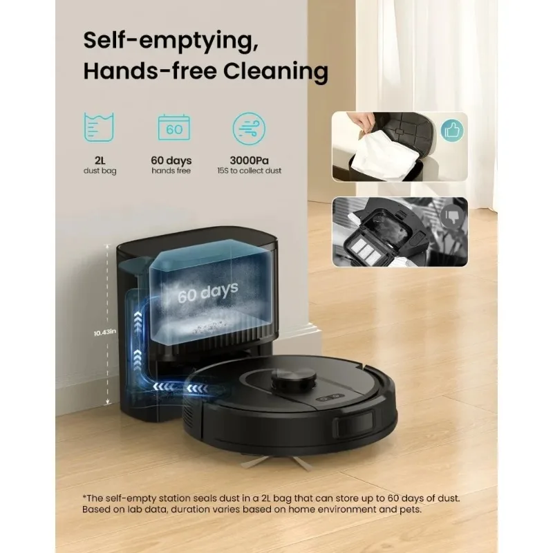 مكنسة وممسحة روبوت W11 مع تفريغ ذاتي، سعة 60 يومًا، ملاحة LiDAR، رسم خرائط منزلية، شفط 3000 باسكال، مناطق لا تذهب، روبوتية