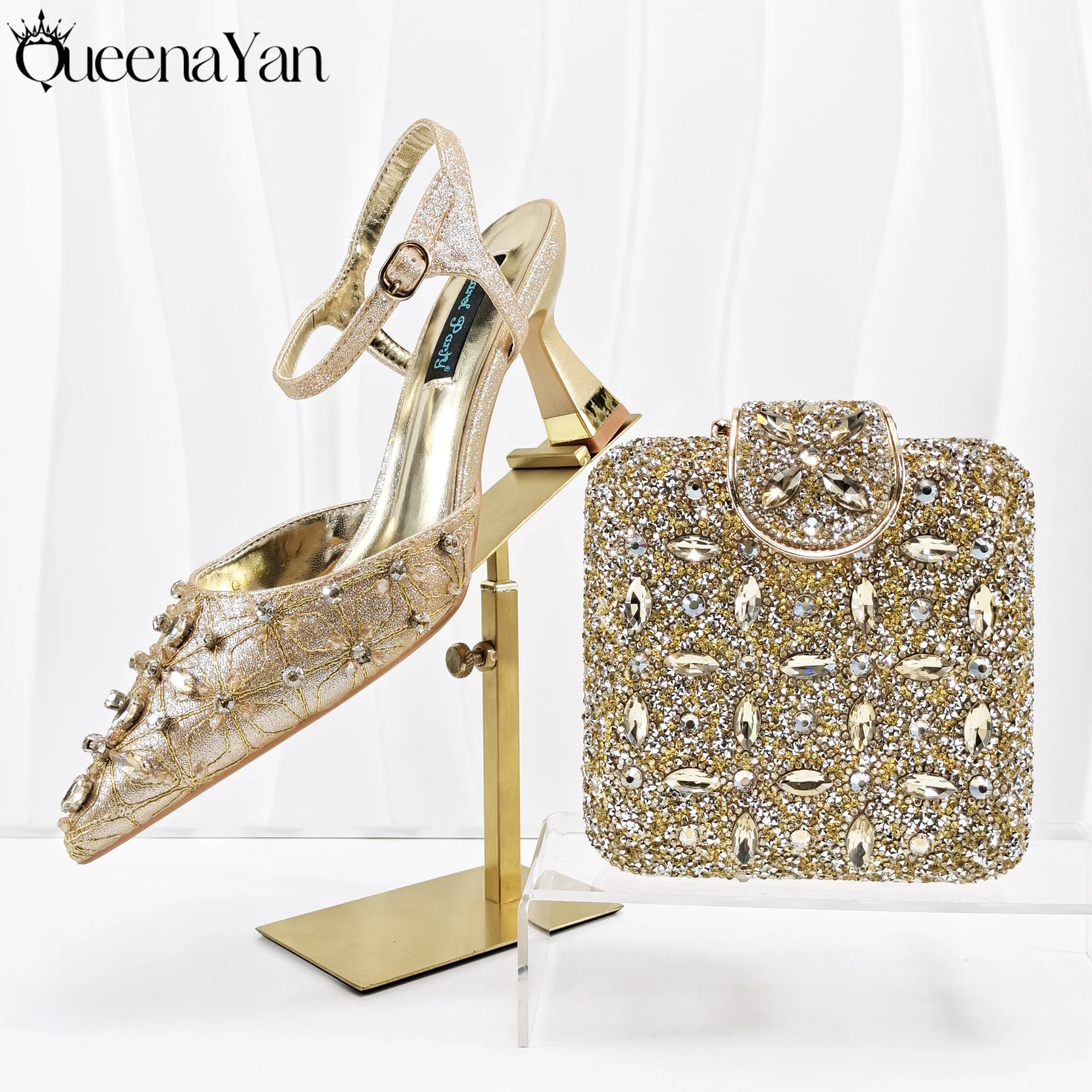 كعب عالي أنيق من QueenaYan بتصميم إيطالي بمقدمة مدببة مع زخرفة من حجر الراين على شكل ألماس مريح ومتين #1