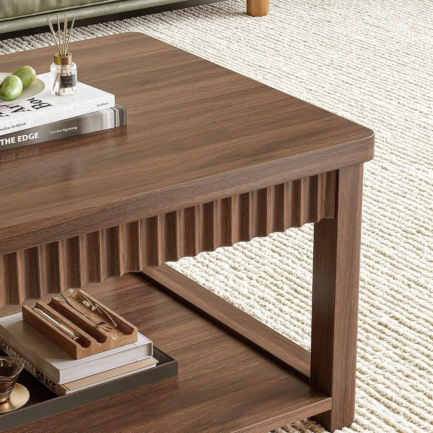 Modern Coffee Table 39 Inch 2-Tier Storage Wave-Edge Walnut Living Room Bedroom Office, Customized