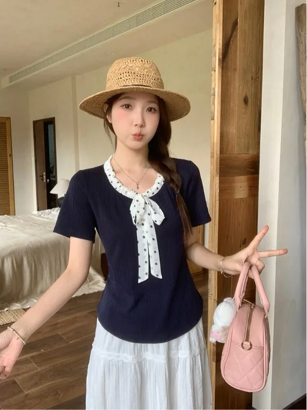 

Sweet Polka Dot Bow Tie Short Sleeve T-Shirt Women's Summer New Waist Cinched Stylish Top Trendy High Waist Commute Style