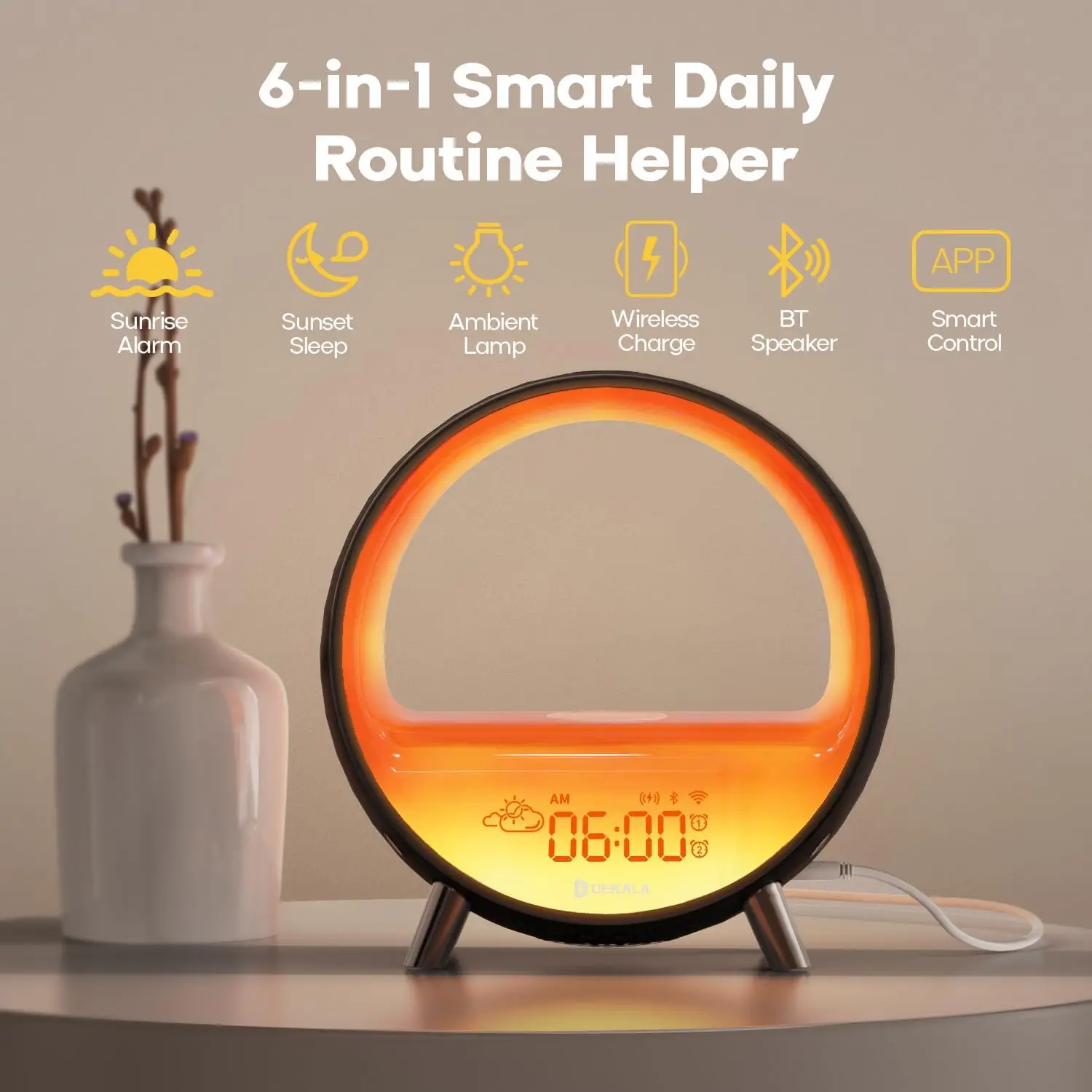 Arches Sunrise Alarm Clock | Sunset White Noise Sound Machine Sleep Timer | Max 120dB Natural Sound Wake-Up Light |15W Wireless