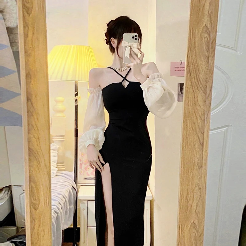 

Сексуальное асимметричное платье с высокой талией и длинными рукавами, роскошное новогоднее платье в корейском стиле