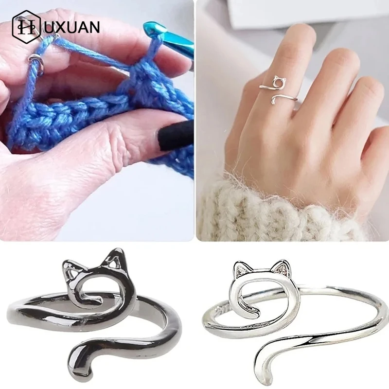 Adjustable Size Yarn Ring Cat Ears Crochet Ring Beginner Knitting Crocheting Loop Thread Wrapped Rings Tension Regulator Tool