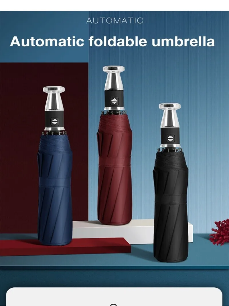 Fully Automatic Reverse Folding Umbrella with Windproof Reflective Stripe UV Umbrellas for Men and Women Carabiner Handle Travel