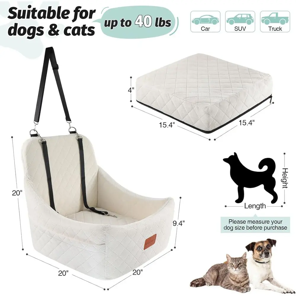 Medium Dog Car Seat with Easy Install, Adjustable Straps, Anti-Slip Base, Removable & Washable Travel Bed (Beige)