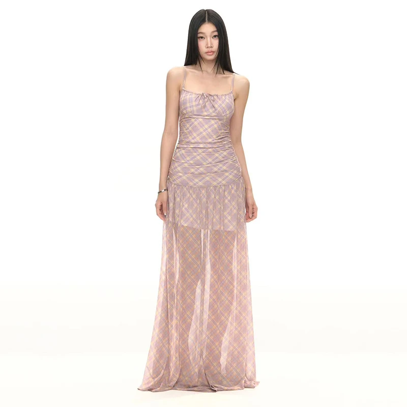 레트로 체크 무늬 캐미솔 미디 드레스 여성 여름 섹시 스파게티 스트랩 백리스 드레스 프랑스 우아한 슬림 파티 나이트 베스티도스 무헤르