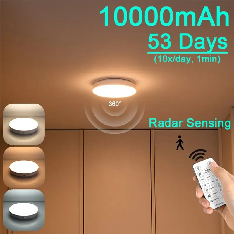 Wireless LED Ceiling Lamp 10000Mah Rechargeable Dimmable Motion Sensor Radar Light No Wiring Remote Control