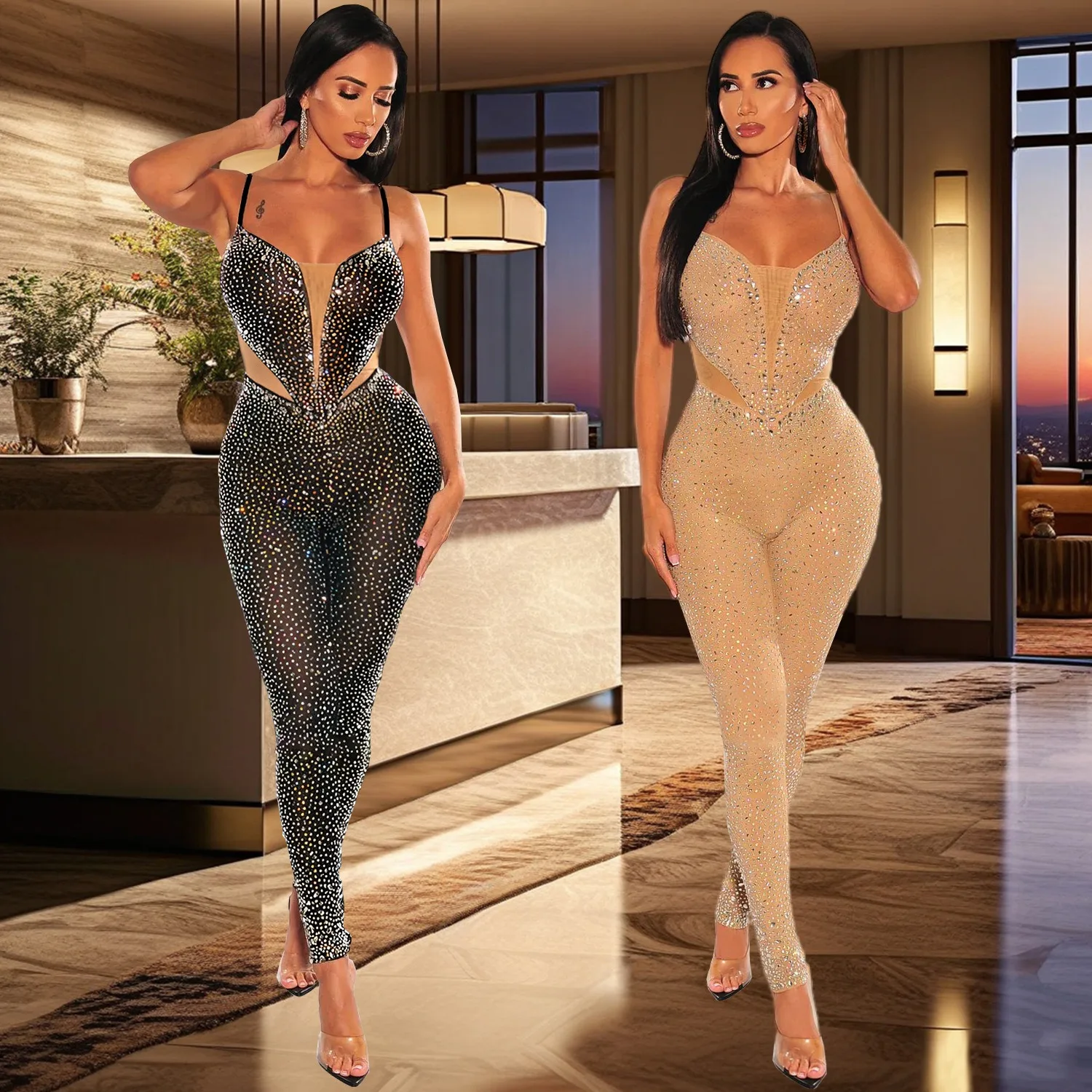 Sexy Nightclub Party Prom Club Banquet Solid Color Hot Drill Sexy Slim Wrap Arm Halter Jumpsuit