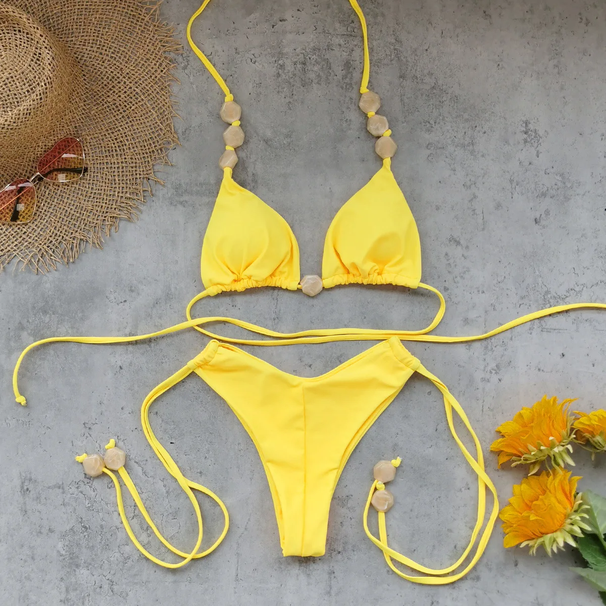 

Solid Color Strap Low Waist Split Swimsuit Women 2025 New Sexy Backless Three-point Bikini Bikini
