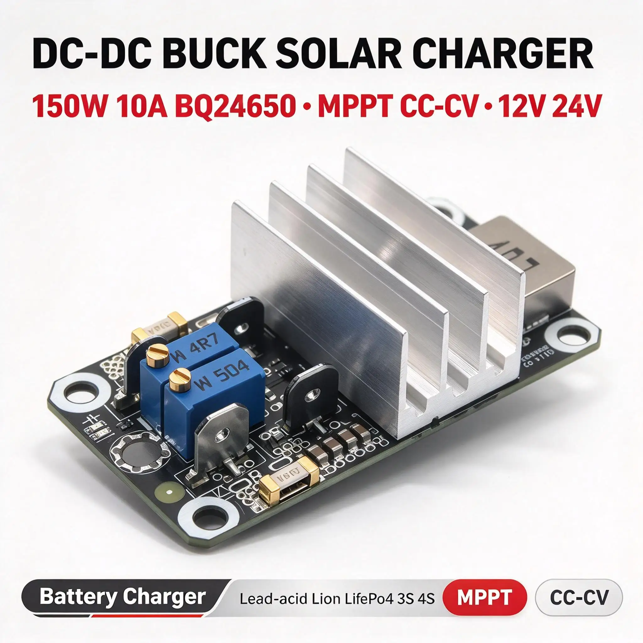 DYKB 150W 10A MPPT Solar Charge Controller BQ24650 for LiFePO4 Lead-Acid Li-ion 1S-4S 12V 24V DC-DC Buck Solar Panel Module