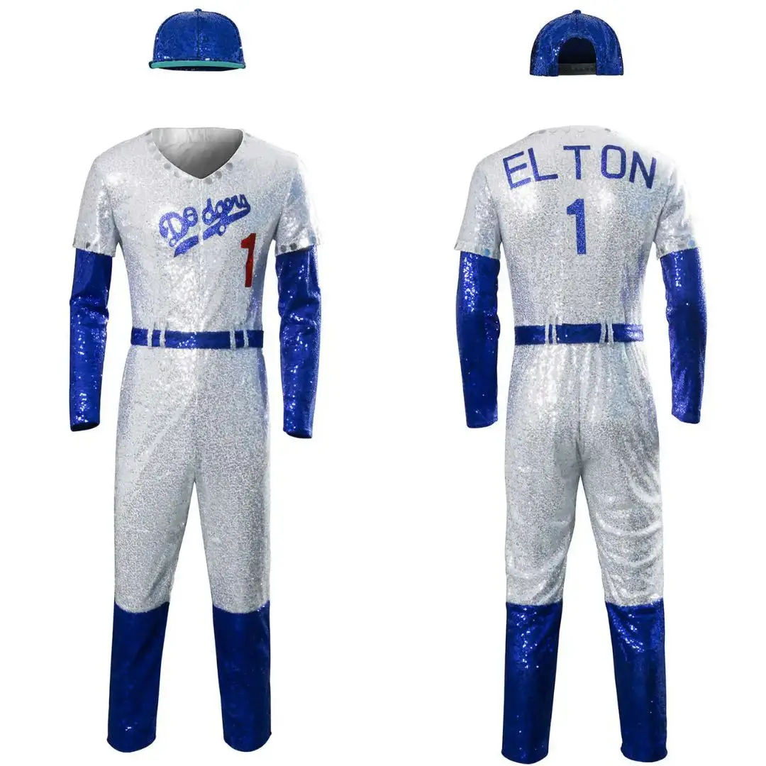 

Rocketman Elton John Cosplay Costume Dodgers Baseball Jumpsuit Belt Cap Takerlama