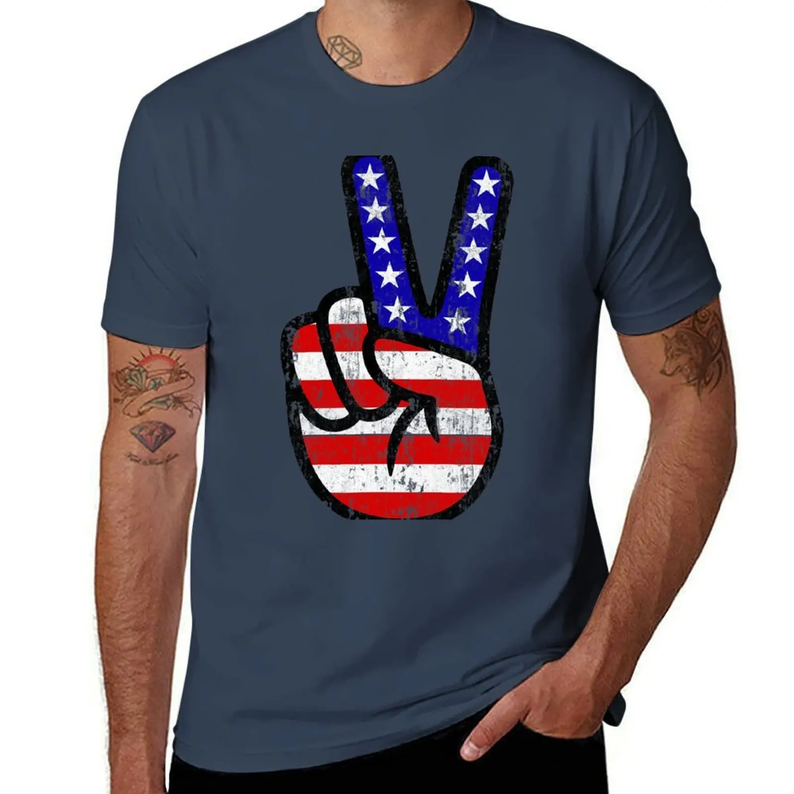 

Sign American Flag Peace T-Shirt Casual Holiday Short Sleeve Tee