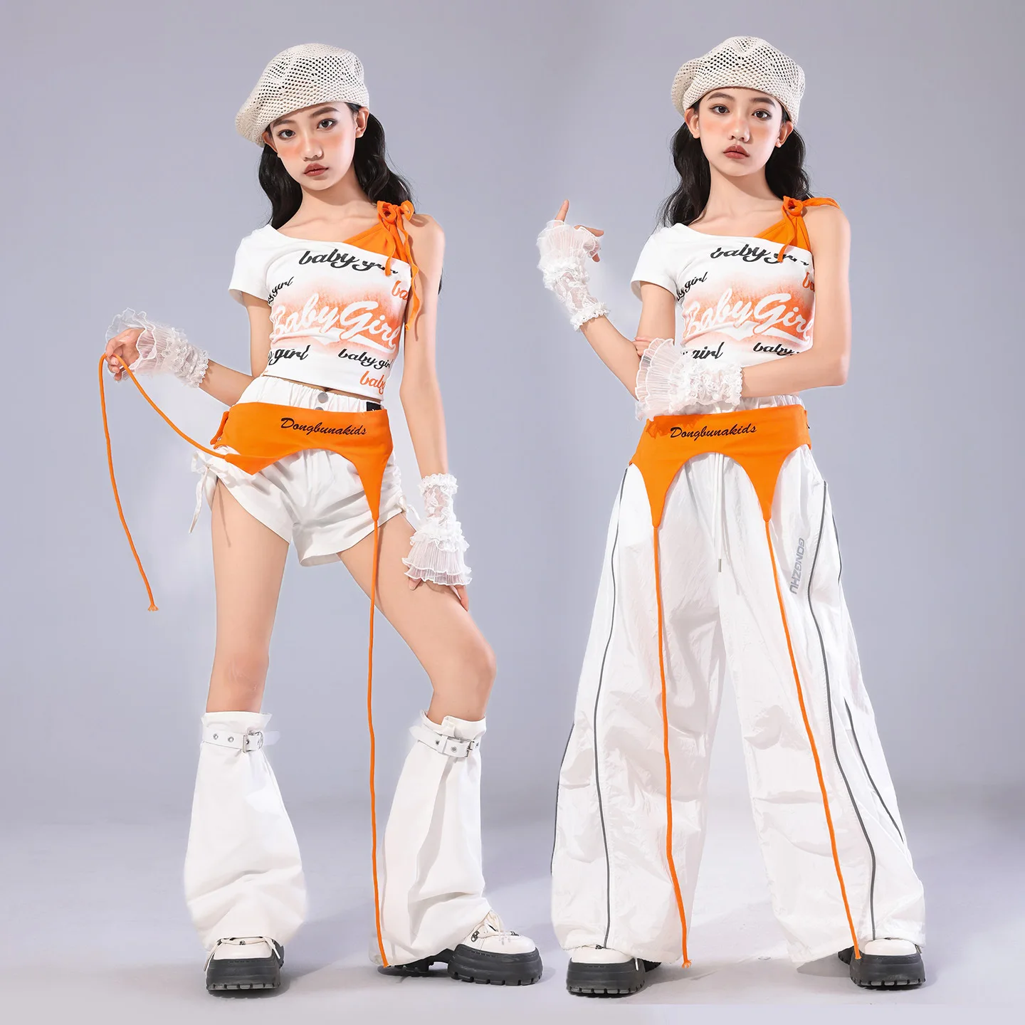 Teenager Girls Hip Hop Off Shoulder Crop Top Lace Cargo Pants Dance Shorts Kids Streetwear Costume Girl Group Jazz Dance Clothes