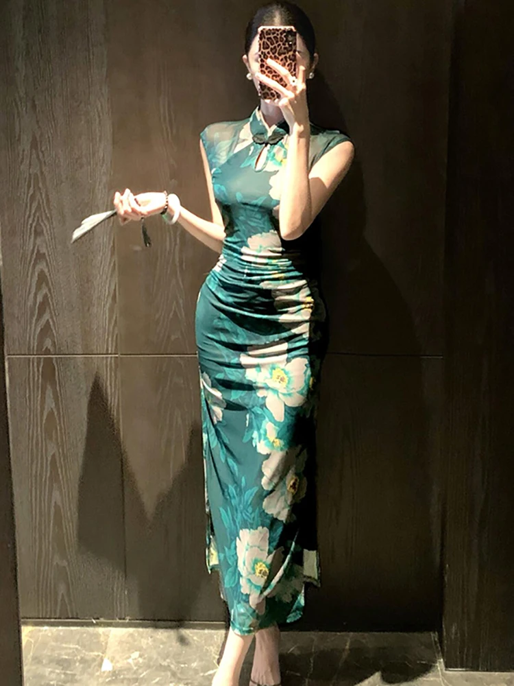Summer Green Floral Mesh Stand Collar Cheongsam Dress Women Elegant Bodycon Slit Long Dress 2026 Korean Vintage Luxury Vestidos