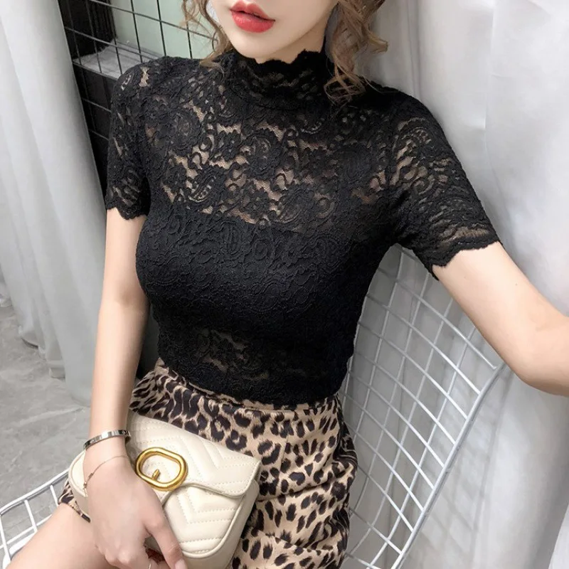 Half High Neckline Lace Bottom Sweater Women's Summer Wear 2024 New Western-Style Small Shirt With Short