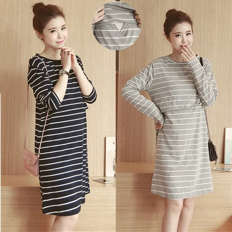 

Maternity Breastfeeding Dress Striped Nursing Pregnancy Dress Hospital Robe Nightie Mothers Nightwear Breast Feeding Pajamas