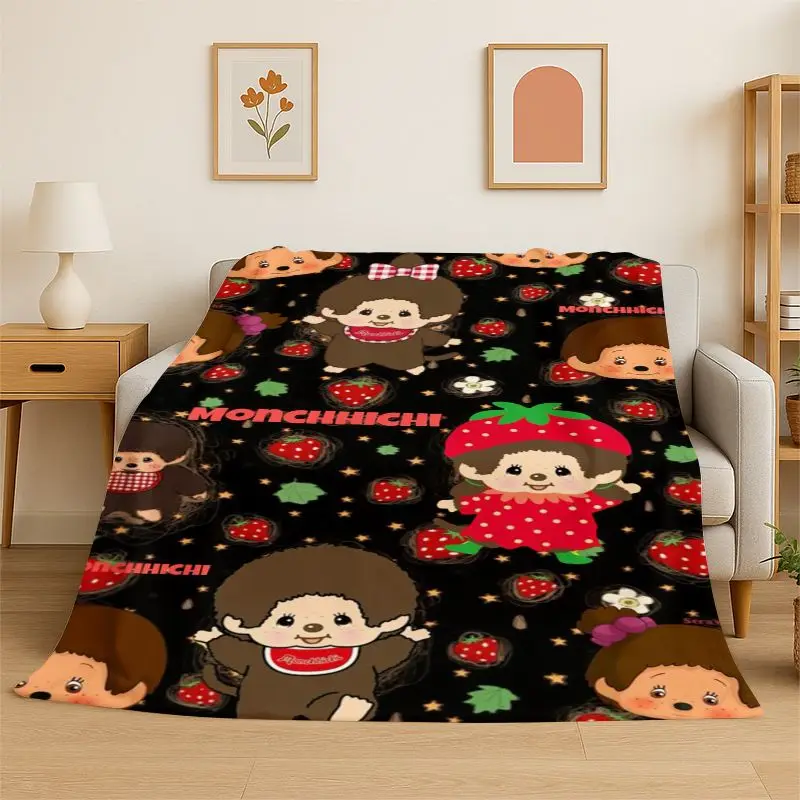 HD M-Monchhichi Cute Cartoon Monkey Holiday Flannel Blanket Soft Throw Blanket for Bedroom Living Room Bed office Picnic Gift