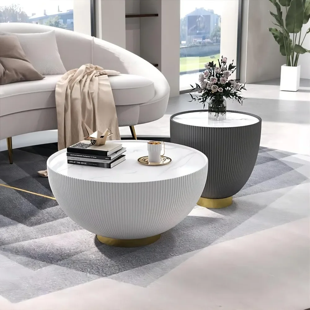 

Набор круглых журнальных столиков из 2 предметов со столешницей из спеченного камня, основанием из нержавеющей стали, современный журнальный столик в форме барабана