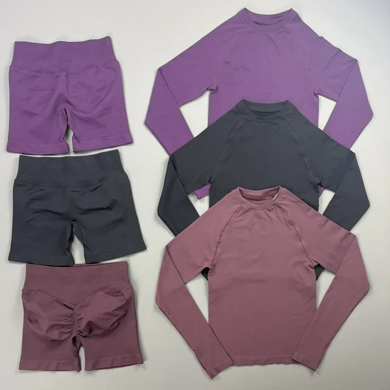 2 Piece Fitness Outfit Women Raglan Long Sleeve Crew Neck Top Hip Shaping Scrunch Shorts Stretch Soft Dance Gym Workout Set