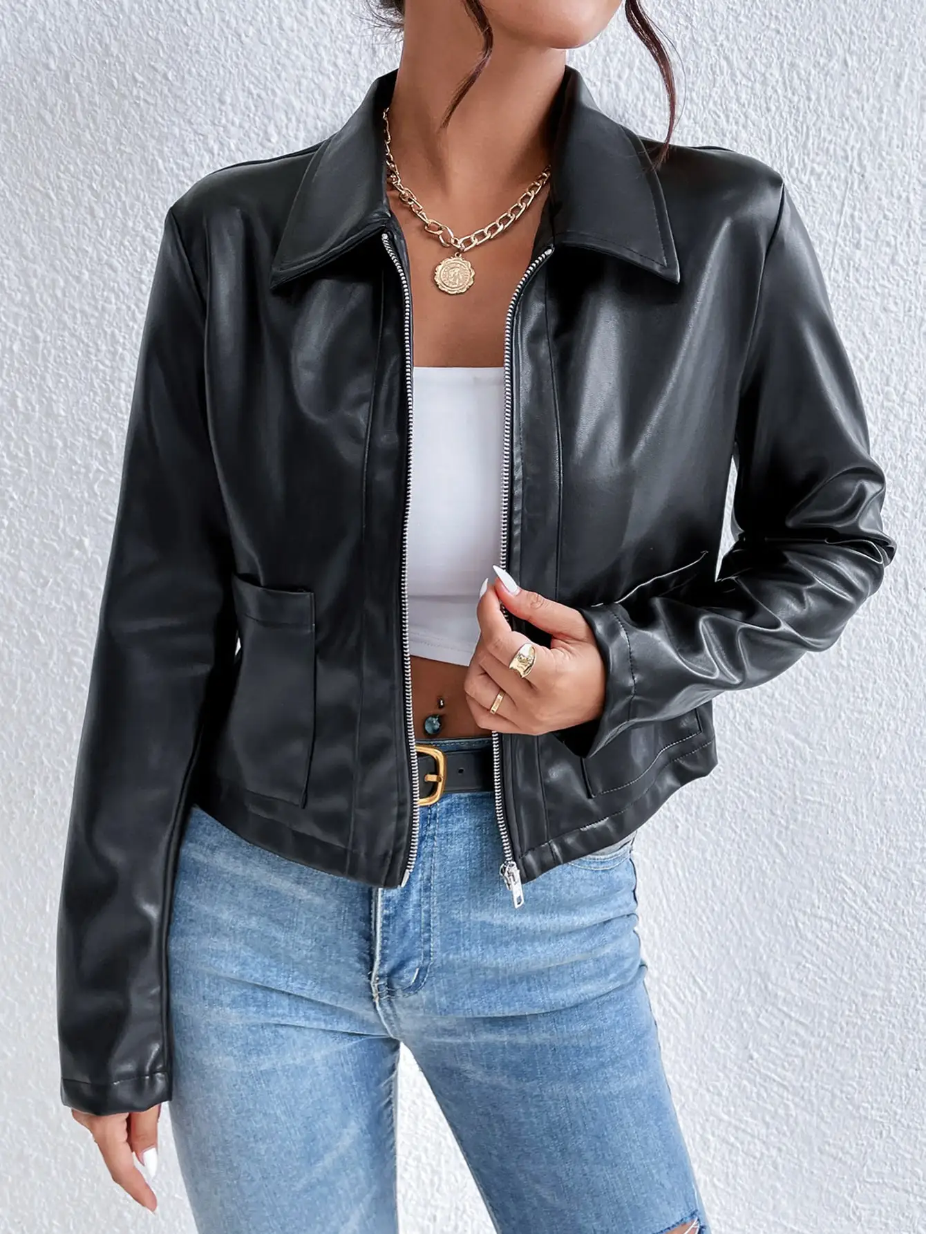 

Women's Black PU Leather Zip-Up Cropped Jacket with Lapel Collar and Front Pockets