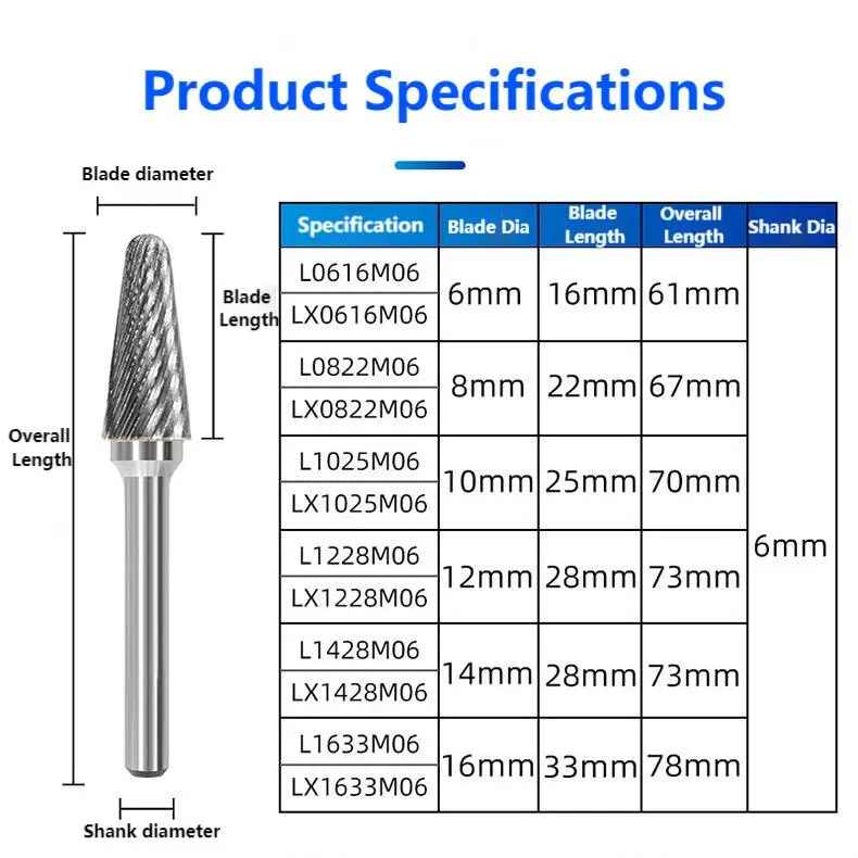 LX Type YG8 Alloy Rotary File Double Slot Tungsten Steel Wood Carving Grinding Head Hard Metal Milling Cutter Tool for Copper