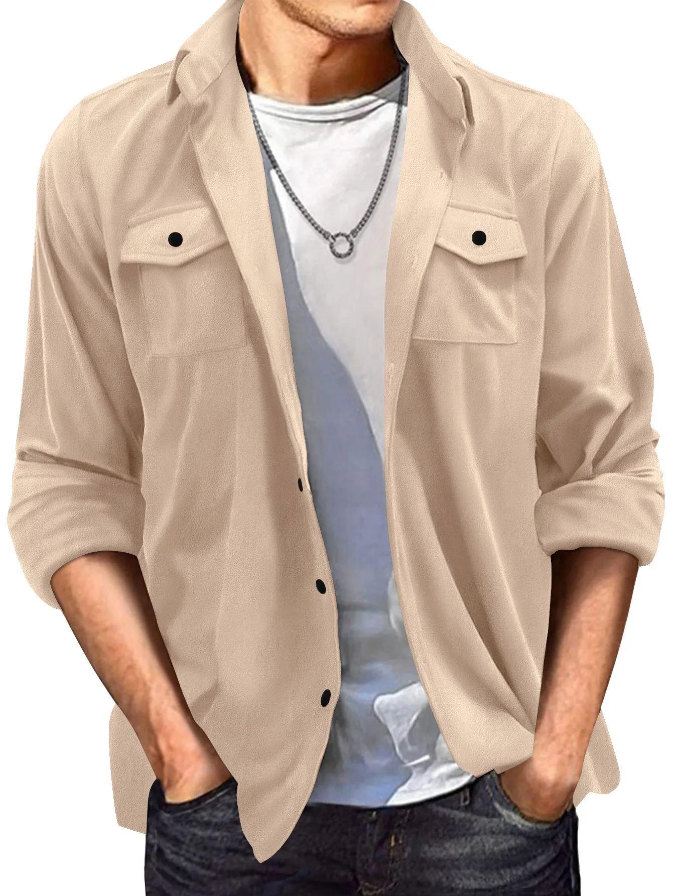 2024 spring and autumn new loose men's jacket suede men wear fashion casual long-sleeved shirt