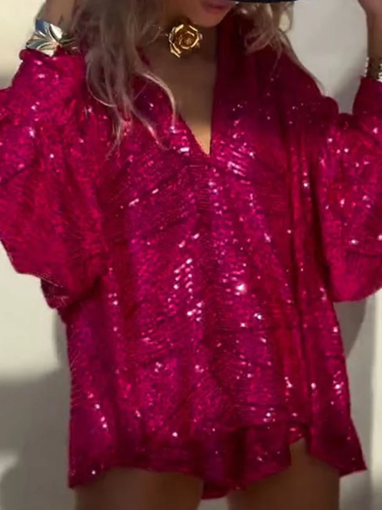 

Elegant Sparkling Sequins Club Party 2Pc Suit Casual Long Sleeve V-neck Tops & Short Pant Set Hight Street Solid Color Outfits