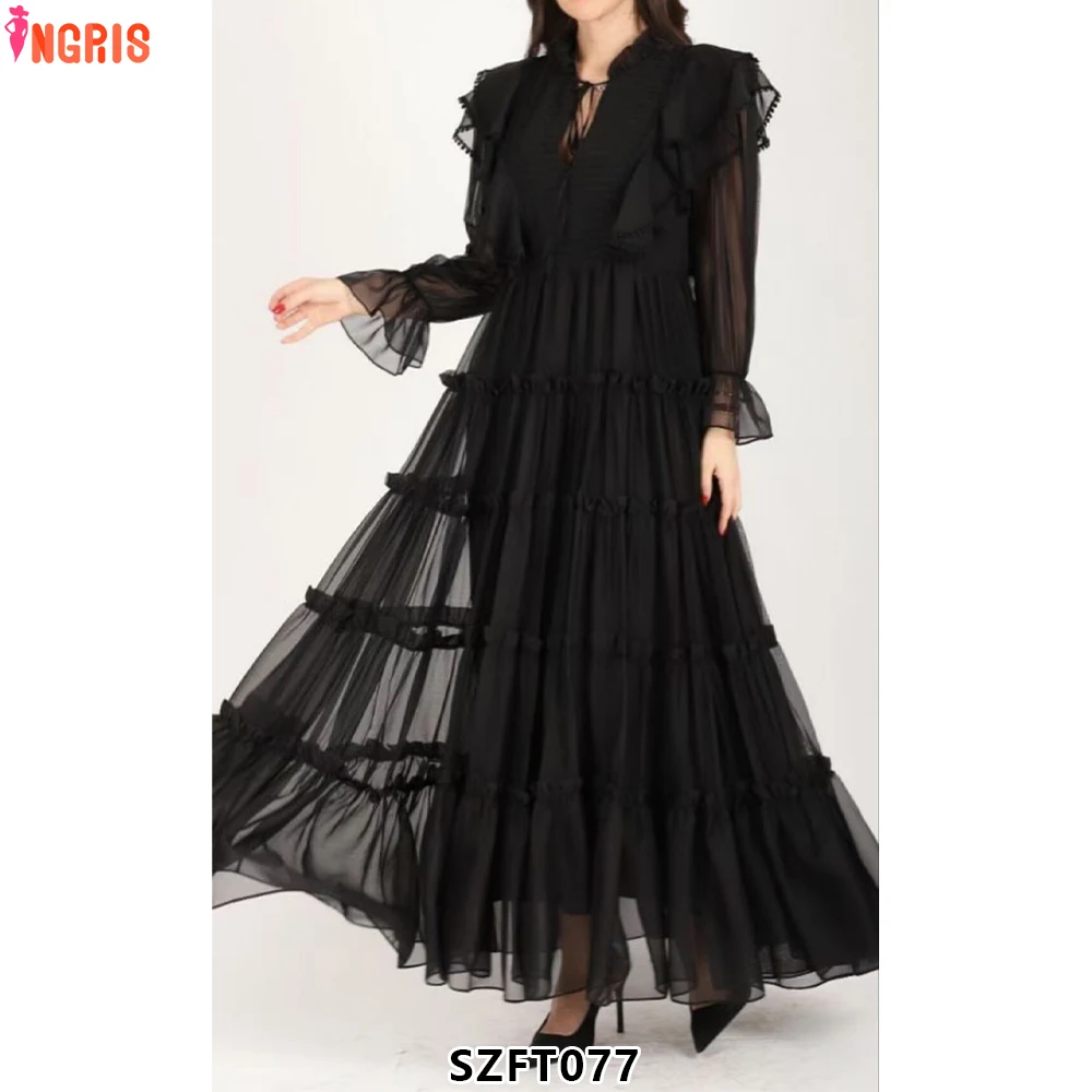 

2025 Summer New Fashion Design Women Runway Long Sleeve Pleated Ruffles A-Line Holiday Chiffon Belt Holiday Dress-SZFT077