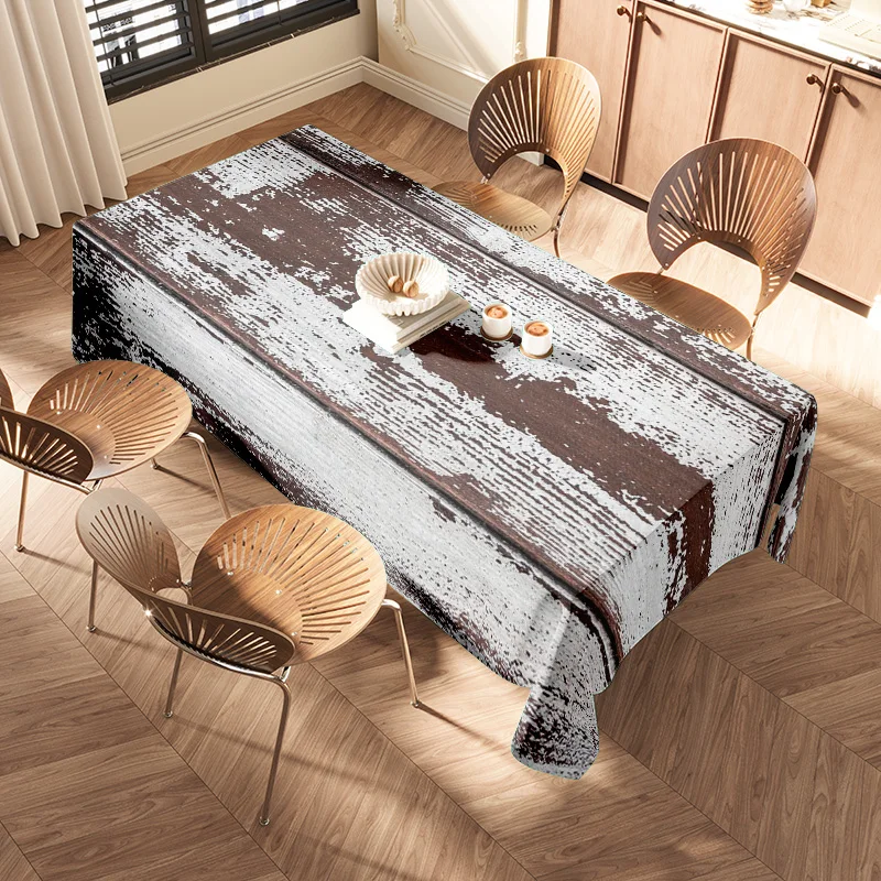 Wooden Dining Table with Matching Chairs Set featuring a Rustic Brown White Striped Tablecloth Perfect for any Home Decor Style!