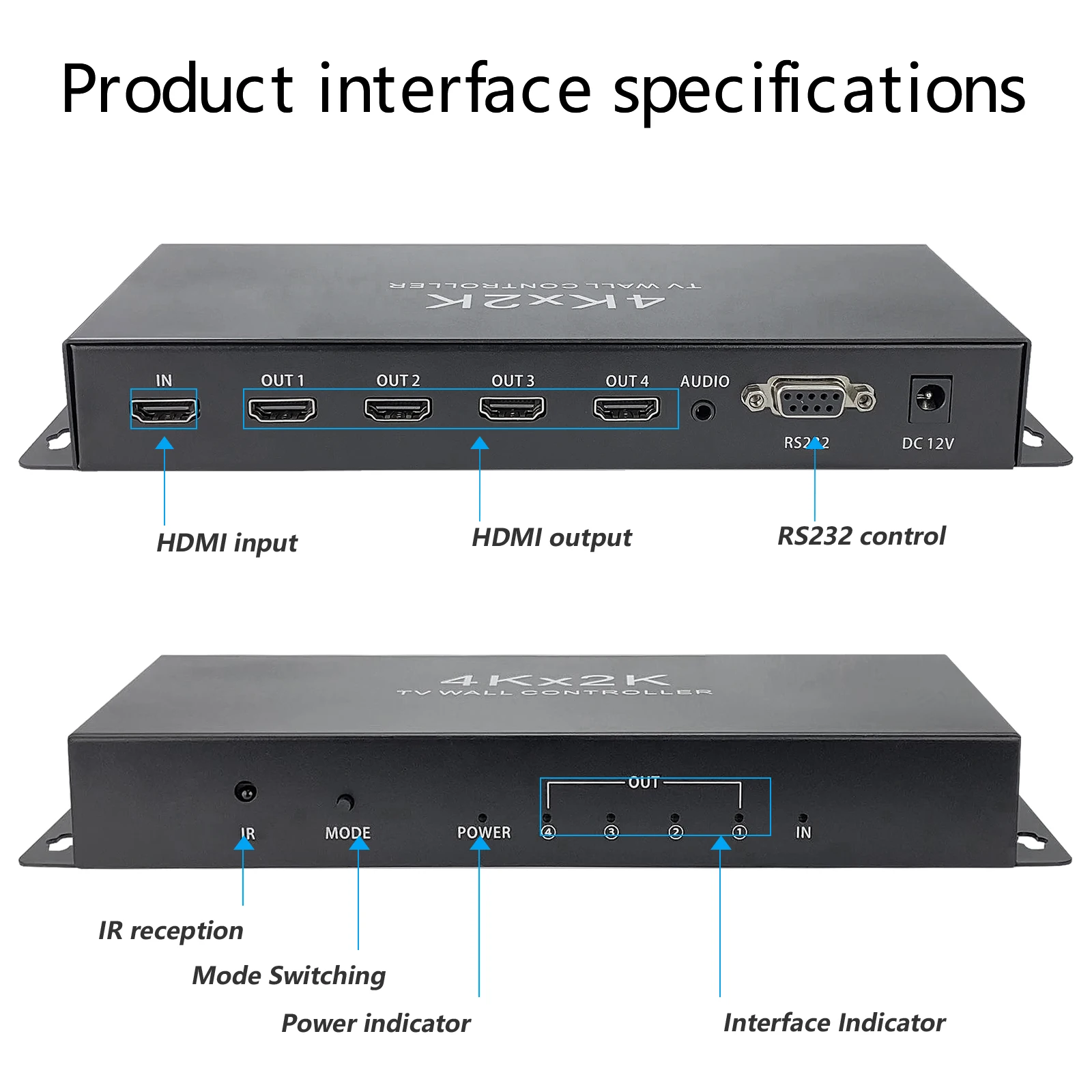 2x2 Video Wall Controller HD Processor MultiScreen Stitching For HDMI 1920x1080P60Hz 1In 4Out TV Splicing Box Splicer 180° Flip