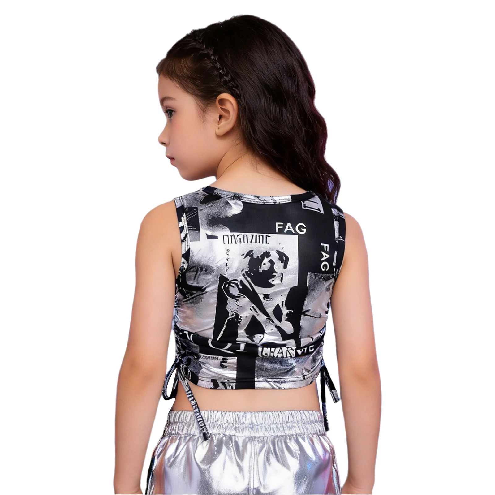 Kids Girls Hip Hop Jazz Dance Performance Costume Round Neck Printed Side Drawstring Crop Top Sequins Tassels Vest Tops