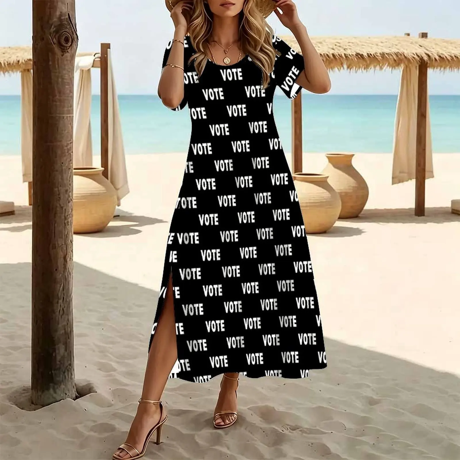 Vote Print Pattern - Black & White Women's Round Neck Short Sleeve Split Long Dress