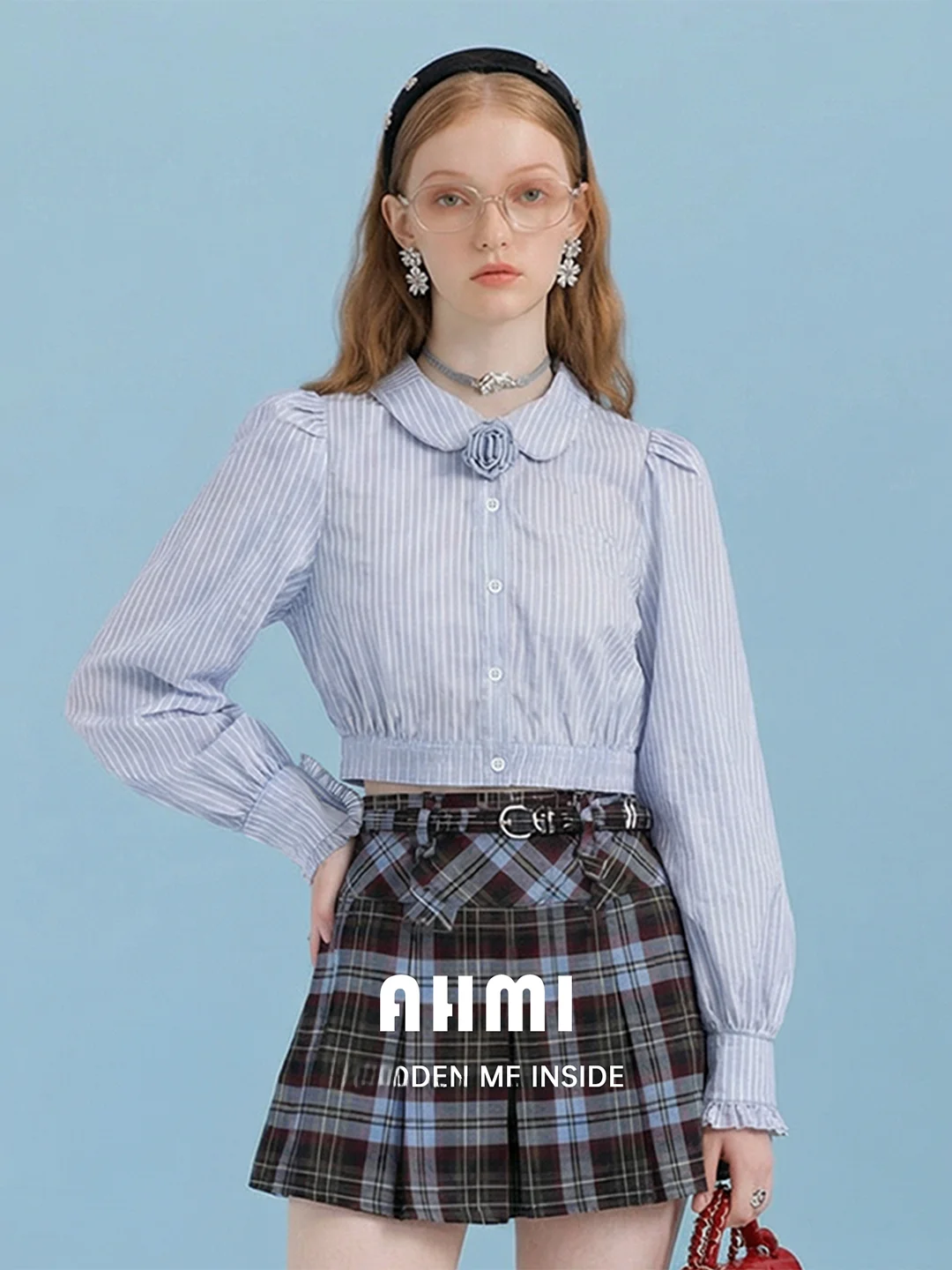 

AHMI Blue Long Sve ort irt Doll Collar Vertical Stripes Women's Spring New Sle Artistic Loose Fit Breathable Cotton ...