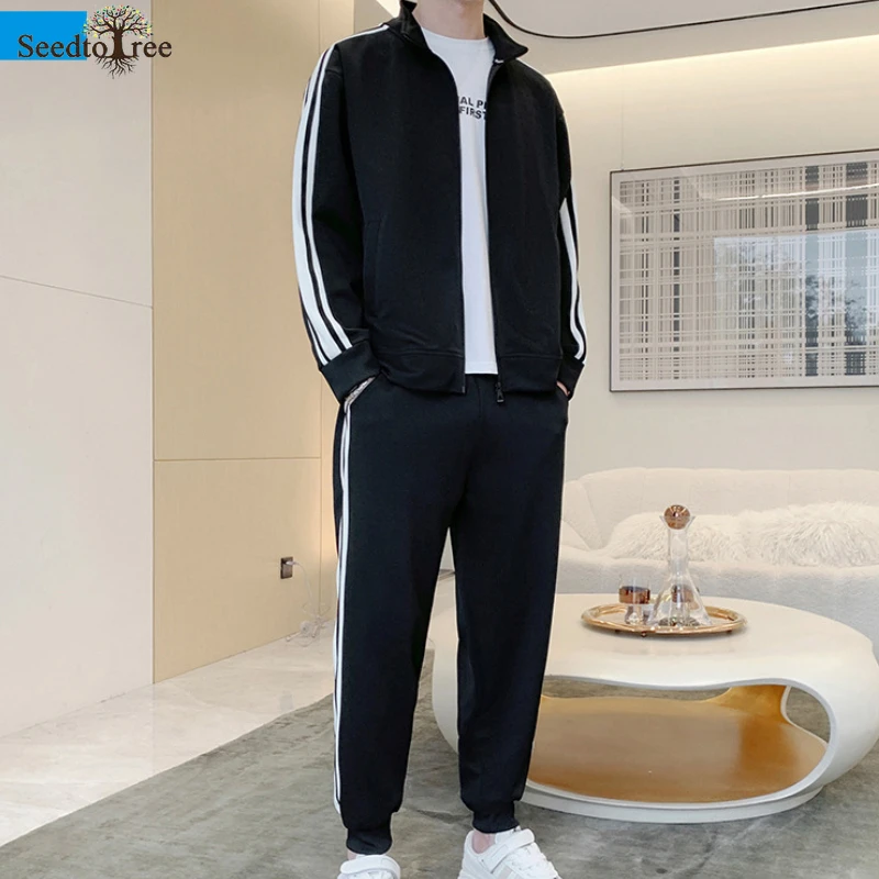 Spring and Autumn Men's Sports Sets Patchwork Long Sleeves Zipper Jacket Casual Pants Two Piece Set