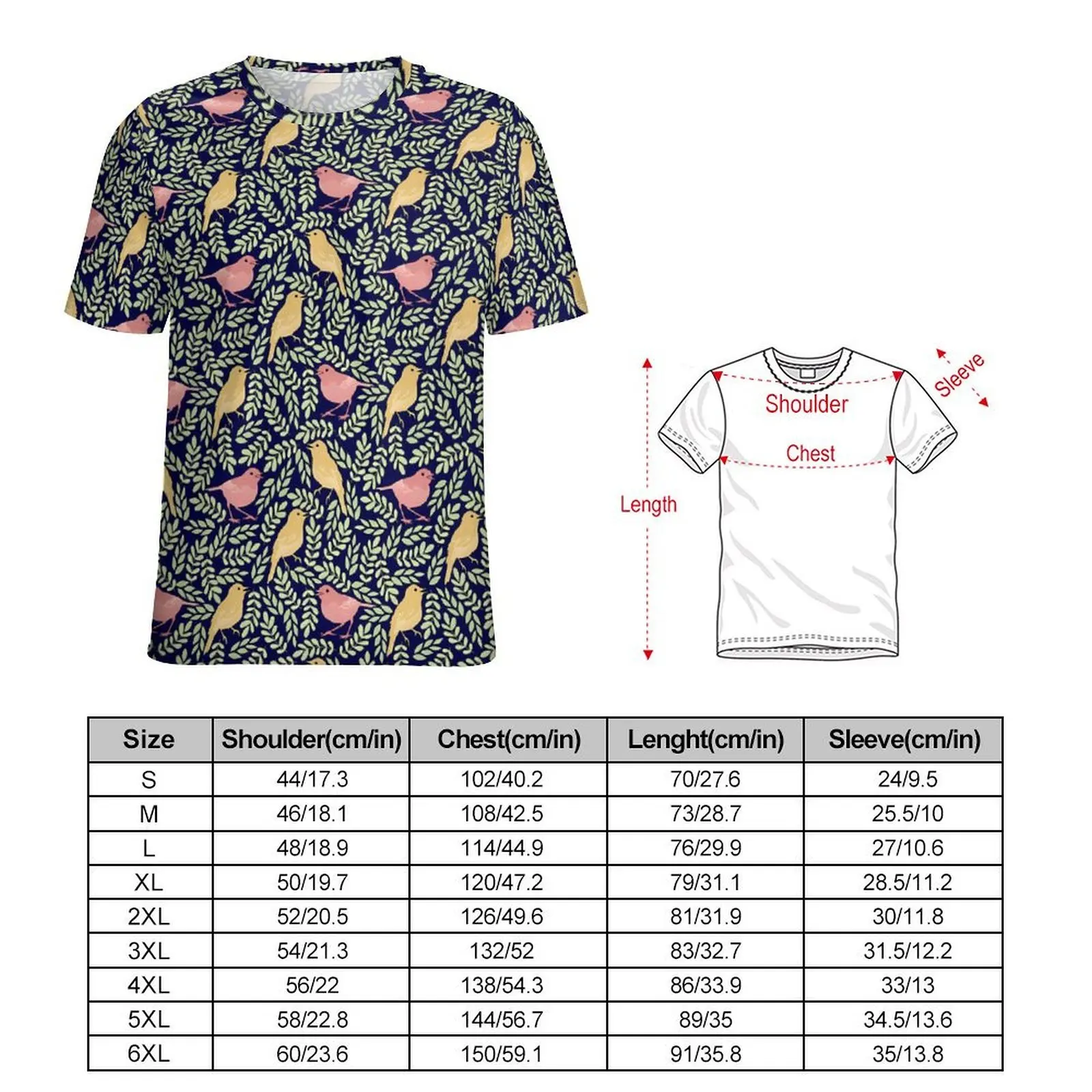 Summer T-Shirt Bird Songbird T-Shirts Botanical Print Kawaii Novelty Tees For Man Short-Sleeve Graphic Plus Size Tops