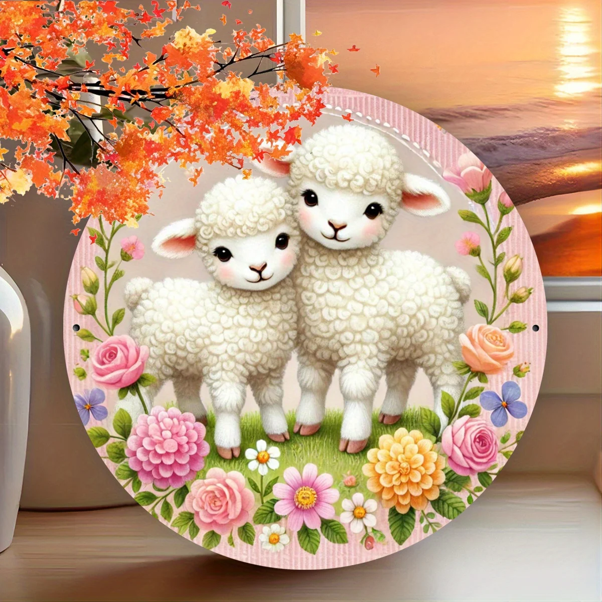 2D Flat, Easter Lamb Wreath Sign, Vintage Aluminum Tin Wall Decor, 2D Flat Print - 20.32x20.32 cm Round Aluminum Tin Sign, Art D