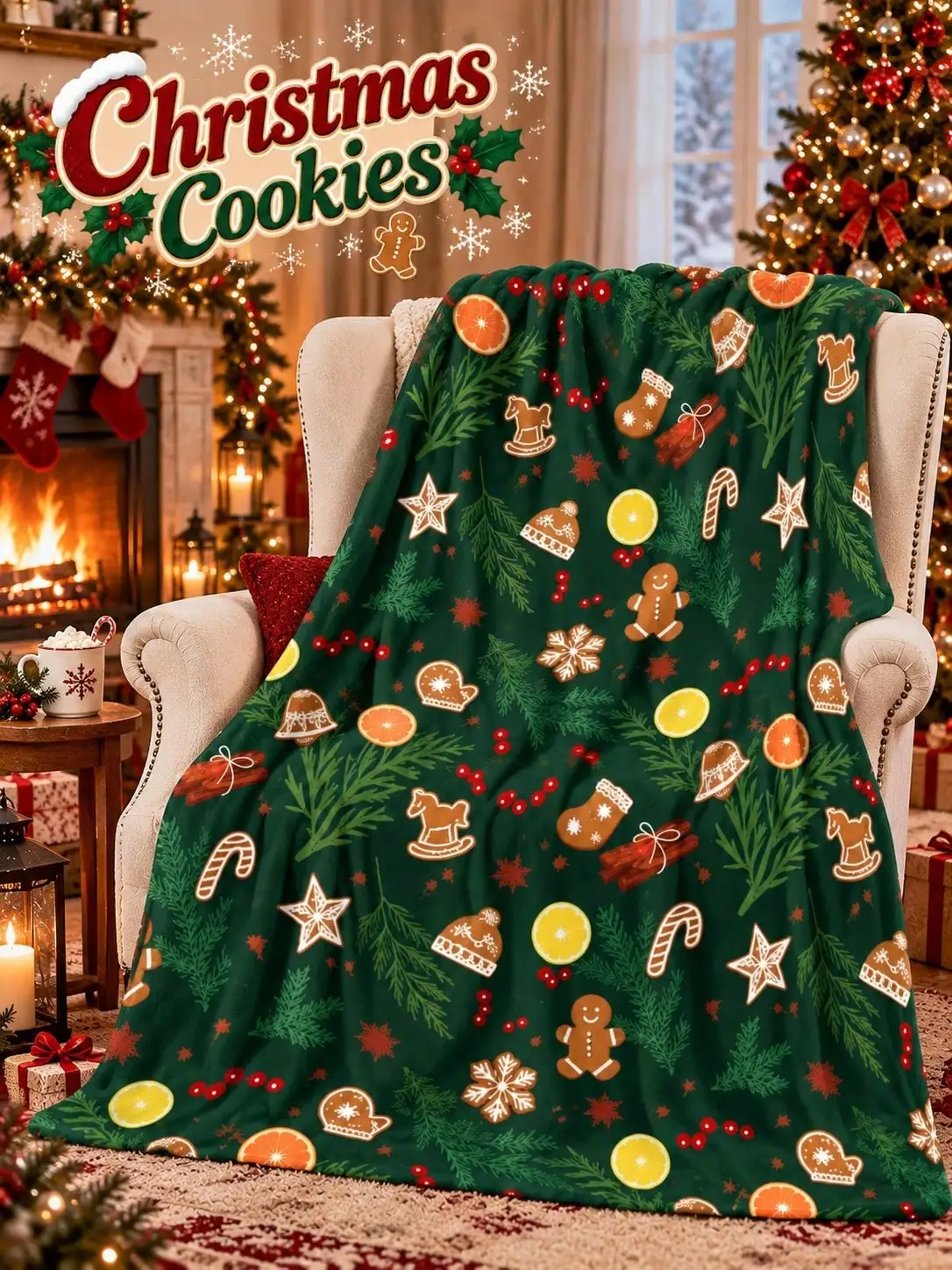 Christmas Flannel Blankets & Throws Gingerbread Citrus Slice Candy Cane Pine Branch Holly Berry Rocking Horse Mitten Star Design Sofa Bed Travel Home Decor Living Room Bedroom Guestroom Gift for Family Friends Coworkers Couples Parents Grandparents