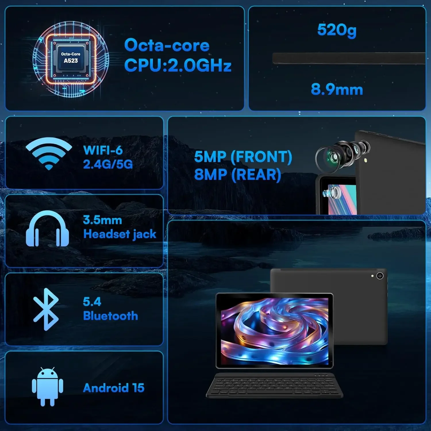 URAO C109L tabletas de 10 pulgadas Android 15 A523 tableta Octa Core 24GB + 128GB 1TB expansión WiFi 6 5MP + 8MP cámara teclado ratón conjunto