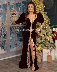 Burgundy Velvet  Evening Dresses Lace Beading Traditional Kosovo Albanian Prom Party Gowns Occasion Vestido De Novia Customized