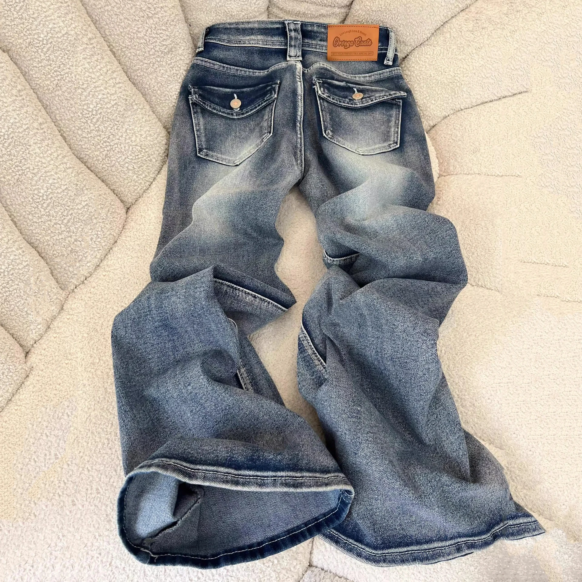 American Retro Washed Flare Jeans for Women Autumn Fashion High Waist Double Pockets Design Slim Pant Female Wide Leg Pants
