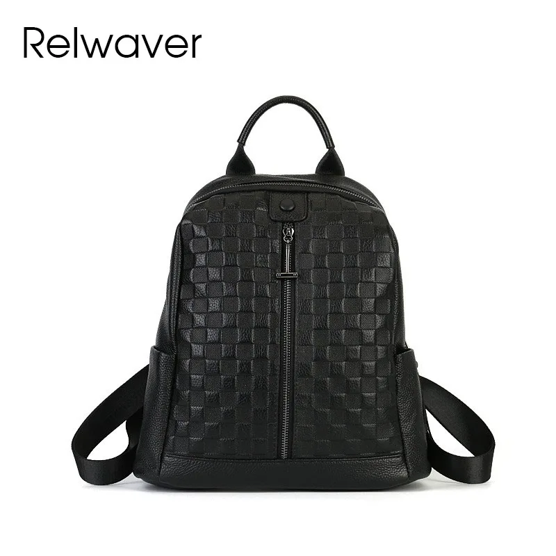 Relwaver genuine leather backpack black plaid pattern women backpack 2024 winter all match soft causal embossing travel backpack