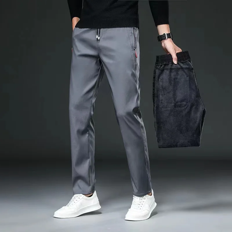 Winter Mens Fleece Slim Warm Trousers Stretch Waist Plus Velvet Casual Pants Men Zipper Pocket Waterproof Outdoor Sweatpants