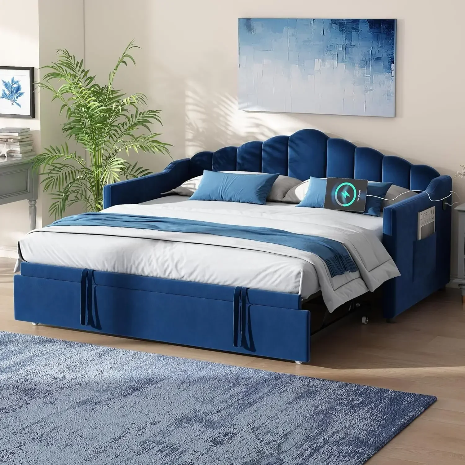 Velvet Upholstered Extendable Sofa Bed Frame With Pop Up Trundle Curved Backrest USB Ports Blue For Bedroom Small Spaces