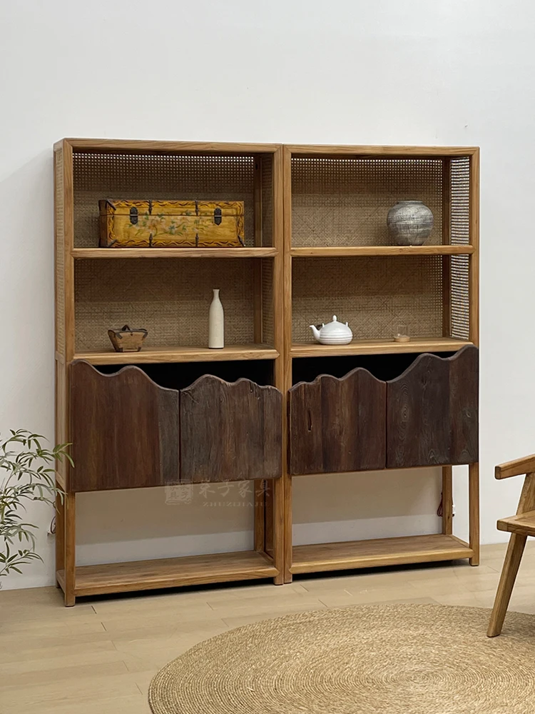 Wooden Bookshelf, Living Room Decoration Cabinet, Old Yumu Homestay Bookshelf, Retro Weathered and Old Solid Wood Furniture