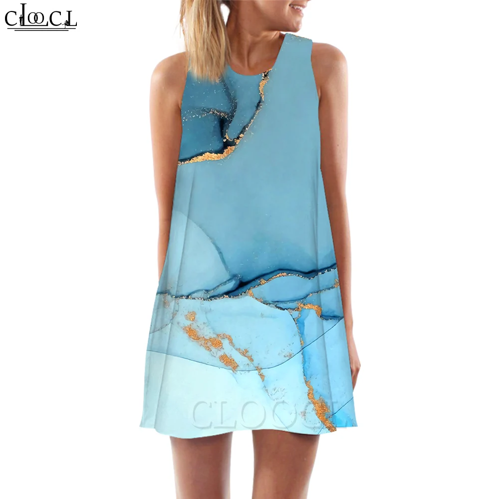 

CLOOCL New Fashion Women Tank Dress Blue Art Pattern 3D Printed Loose Waist Sleeveless Dress Summer Beach Style