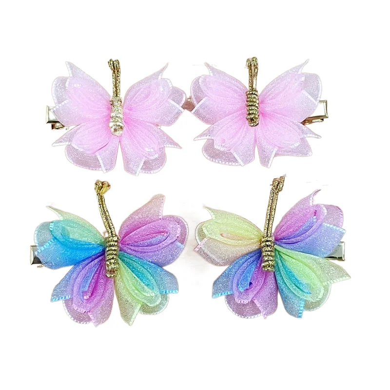 

10Sets Boutique Glitter Tulle Butterfly Hairpins Gradient Rainbow Color Cartoon Hair Clips Princess Headwear Hair Accessories