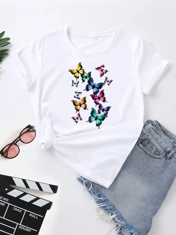 

Butterfly Style Trend Sweet Top T Shirt Short Sleeve Clothes Clothing Women Fashion Summer Print Graphic T-shirt Tee