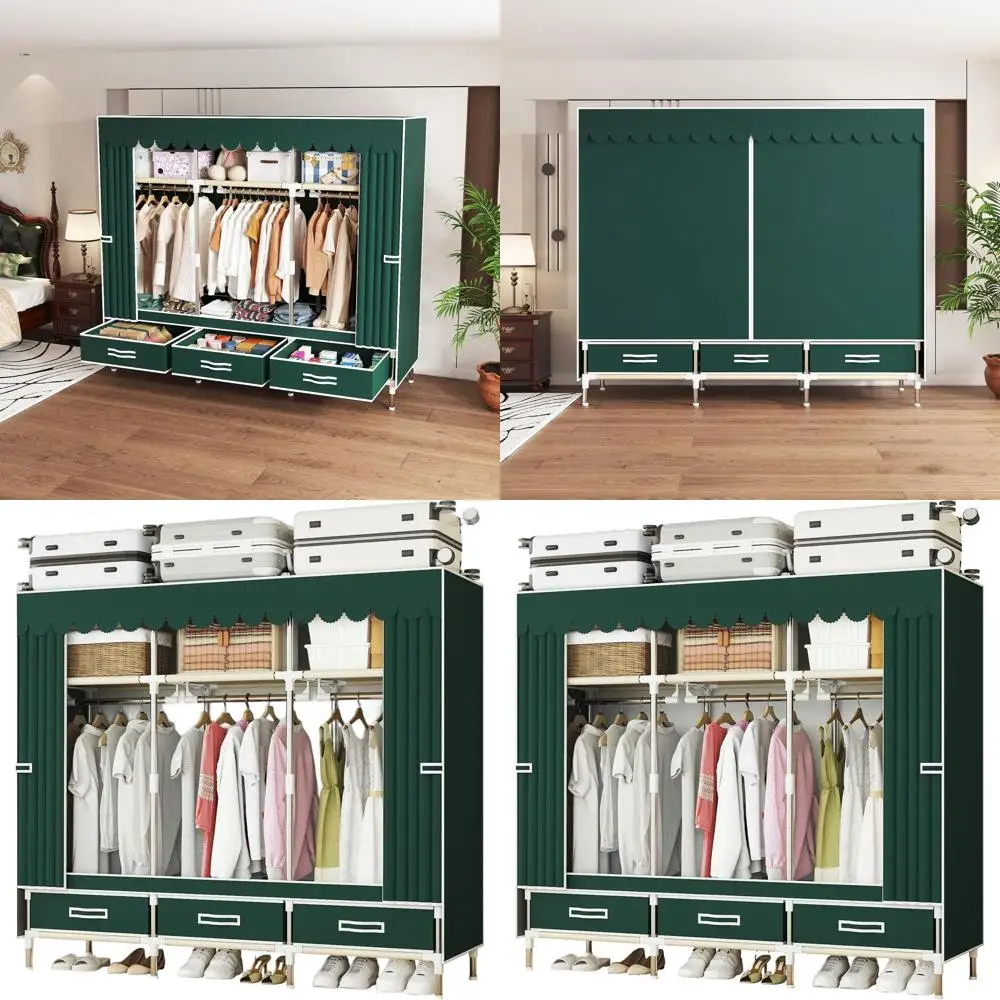 

Durable Portable Wardrobe with Easy Assembly, Heavy-Duty Clothes Rack, Non-Woven Cover for Bedroom Storage and Organization (Gre