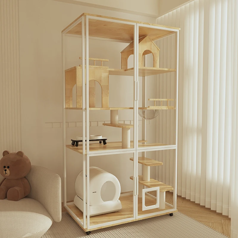 White panoramic cat villa can put automatic litter box, luxury transparent  cage,  house, cabinet, indoor househol