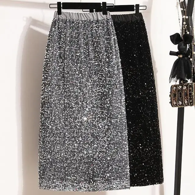 Shiny Sequin Mid-Length A-Line Skirt High Waist Women's Spring New Style Flashing Light Half Body Skirt plus Size